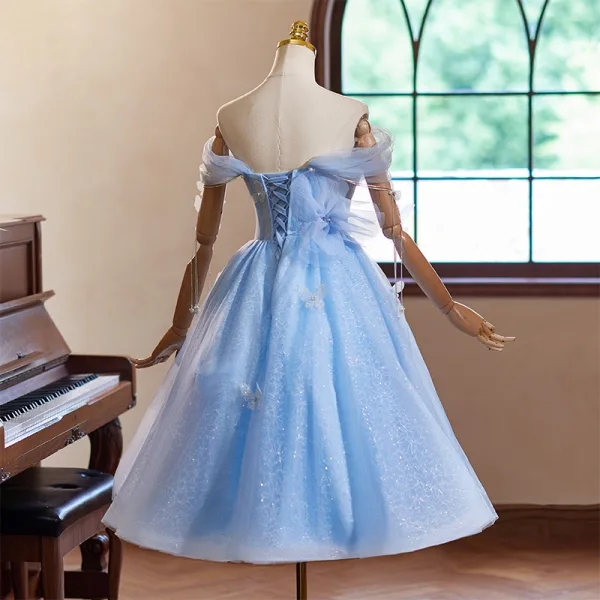 Chic / Beautiful Sky Blue Glitter Pearl Appliques Graduation Dresses 2024 Ball Gown Off-The-Shoulder Short Sleeve Backless Tea-length Sweet 16 Homecoming