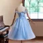 Chic / Beautiful Sky Blue Glitter Pearl Appliques Graduation Dresses 2024 Ball Gown Off-The-Shoulder Short Sleeve Backless Tea-length Sweet 16 Homecoming
