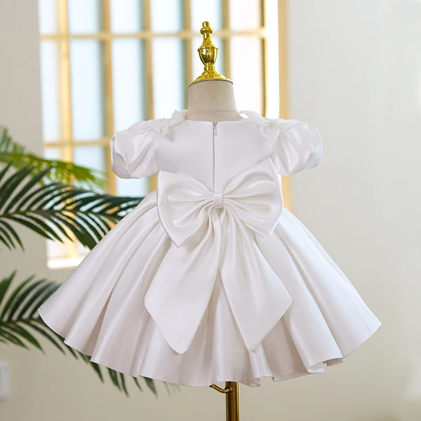 Audrey Hepburn Style Ivory Beading Appliques Birthday Flower Girl Dresses 2022 Ball Gown Satin Scoop Neck Puffy Short Sleeve Short Flower Girl Dresses