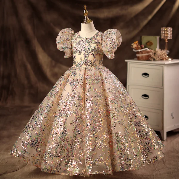 Sparkly Champagne Beading Sequins Prom Flower Girl Dresses 2022 Ball Gown Scoop Neck Puffy Short Sleeve Backless Floor-Length / Long Flower Girl Dresses