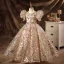 Sparkly Champagne Beading Sequins Prom Flower Girl Dresses 2022 Ball Gown Scoop Neck Puffy Short Sleeve Backless Floor-Length / Long Flower Girl Dresses
