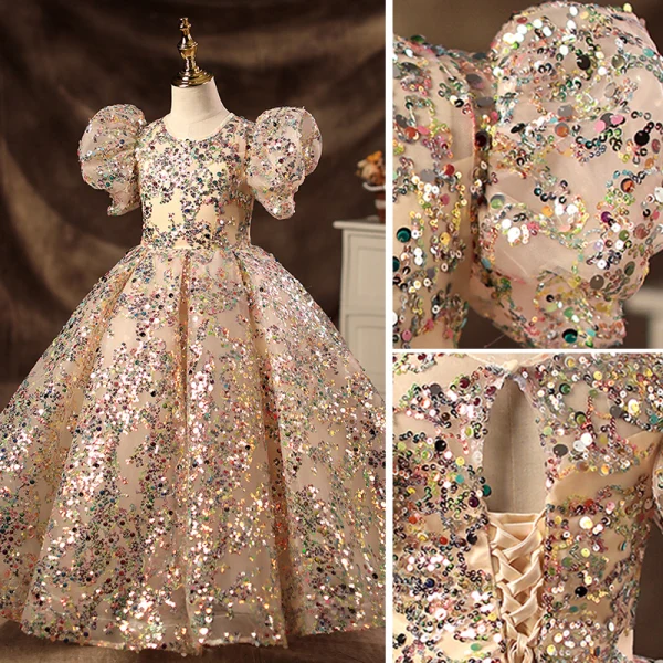 Sparkly Champagne Beading Sequins Prom Flower Girl Dresses 2022 Ball Gown Scoop Neck Puffy Short Sleeve Backless Floor-Length / Long Flower Girl Dresses