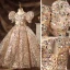 Sparkly Champagne Beading Sequins Prom Flower Girl Dresses 2022 Ball Gown Scoop Neck Puffy Short Sleeve Backless Floor-Length / Long Flower Girl Dresses