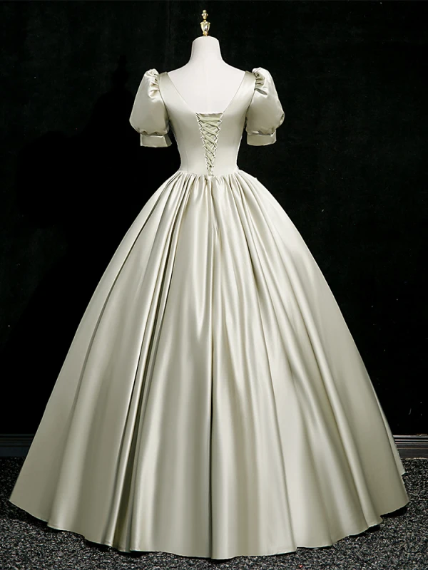 Elegant Sage Green Beading Sequins Lace Flower Prom Dresses 2024 Ball Gown Square Neckline Puffy Short Sleeve Backless Floor-Length / Long Prom Formal Dresses