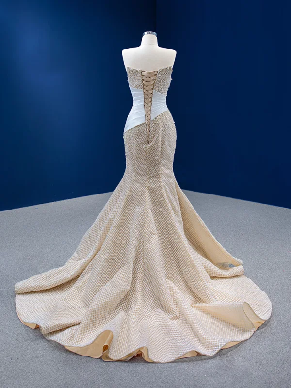 Luxury / Gorgeous Champagne Handmade  Pearl Lace Rhinestone Wedding Dresses 2022 Trumpet / Mermaid Strapless Sleeveless Backless Court Train Wedding