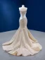 Luxury / Gorgeous Champagne Handmade  Pearl Lace Rhinestone Wedding Dresses 2022 Trumpet / Mermaid Strapless Sleeveless Backless Court Train Wedding