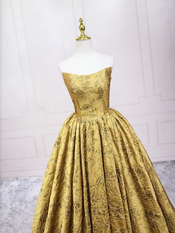 Vintage / Retro Gold Printing Prom Dresses 2025 Ball Gown Strapless Sleeveless Backless Floor-Length / Long Prom Formal Dresses