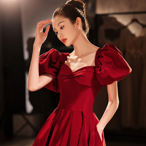 Chic / Beautiful Burgundy Satin Prom Dresses 2022 A-Line / Princess Square Neckline Puffy Short Sleeve Backless Floor-Length / Long Formal Dresses