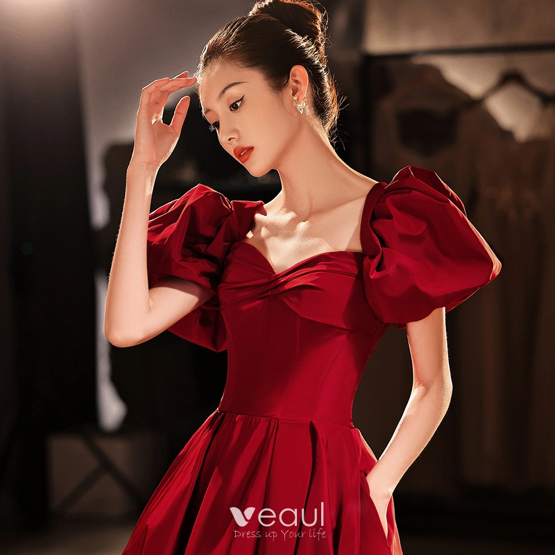 Chic / Beautiful Burgundy Satin Prom Dresses 2022 A-Line / Princess Square Neckline Puffy Short Sleeve Backless Floor-Length / Long Formal Dresses