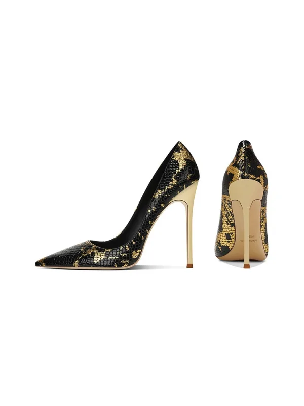Mode Zwarte Goud Avond Slangenprint Pumps 2025 10 cm Naaldhakken / Stiletto Spitse Neus Pumps Hoge Hakken