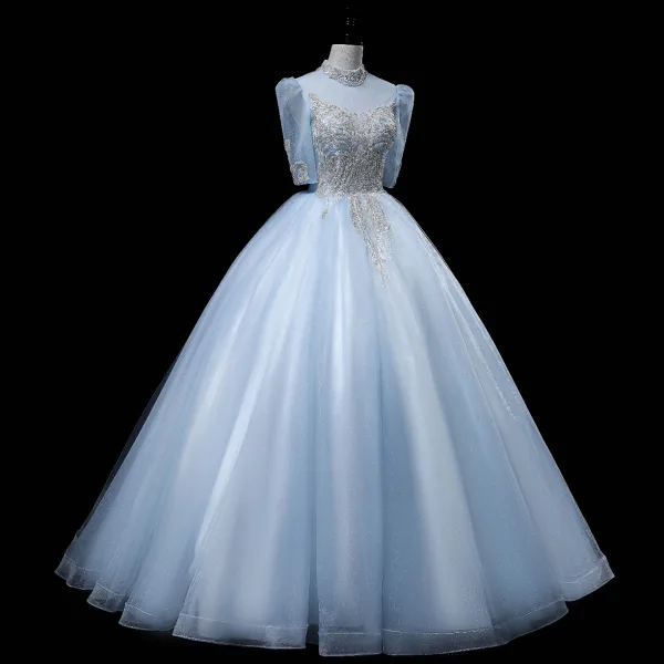 Elegant Sky Blue Beading Sequins Prom Dresses 2022 Ball Gown High Neck Short Sleeve Backless Floor-Length / Long Prom Formal Dresses
