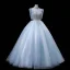 Elegant Sky Blue Beading Sequins Prom Dresses 2022 Ball Gown High Neck Short Sleeve Backless Floor-Length / Long Prom Formal Dresses