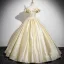 Chic / Beautiful Yellow Prom Dresses Ball Gown 2025 Off-The-Shoulder Short Sleeve Backless Floor-Length / Long Prom Formal Dresses
