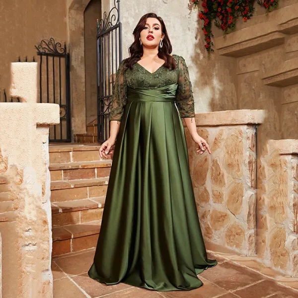 green plus size a-line dress Zapaka Women Dark Green Long Prom Dress A Line Spaghetti Straps Formal Dress with Appliques, Dark Green / US20W main image 1