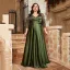 Chic / Beautiful Dark Green Lace Flower Plus Size Evening Dresses  2025 A-Line / Princess V-Neck 3/4 Sleeve Backless Prom Floor-Length / Long Formal Dresses