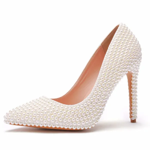Elegant Beige Pearl Wedding Shoes 2023 11 cm Stiletto Heels Pointed Toe Wedding Pumps High Heels