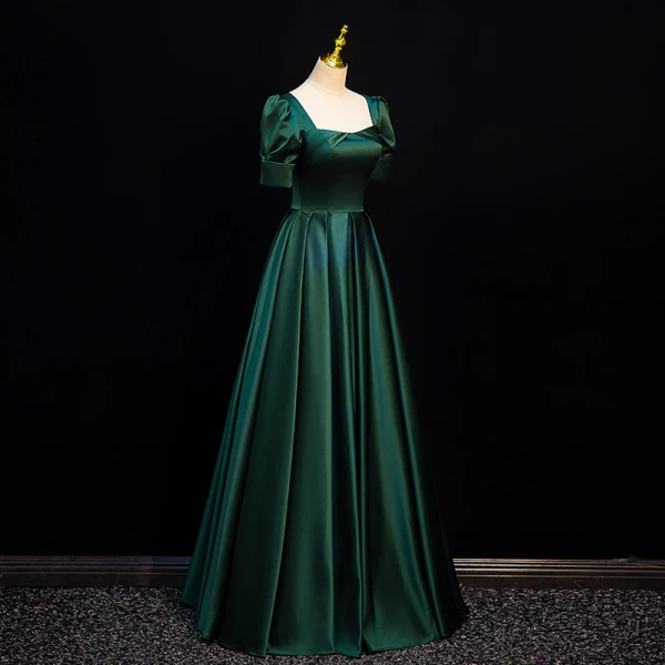 Vintage / Retro Dark Green Satin Prom Dresses 2024 A-Line / Princess Square Neckline Short Sleeve Backless Floor-Length / Long Prom Formal Dresses