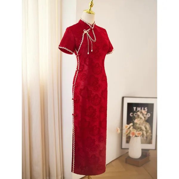 Chinese style Blushing Pink Pearl Printing Split Front Evening Party Cheongsam 2025 Trumpet / Mermaid High Neck Short Sleeve Floor-Length / Long