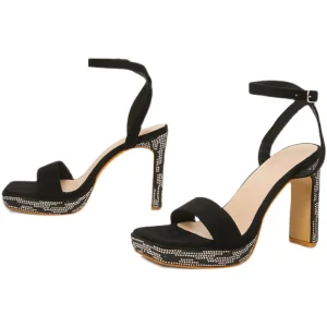 Sexy Noire Soirée Faux Diamant Sandales Femme 2022 Bride Cheville 11 Cm Talons Épais Peep Toes Bout Ouvert Sandales Talons Hauts