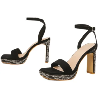 Sexy Noire Soirée Faux Diamant Sandales Femme 2022 Bride Cheville 11 Cm Talons Épais Peep Toes Bout Ouvert Sandales Talons Hauts