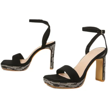 Sexy Zwarte Avond Rhinestone Sandalen Dames 2022 Enkelband 11 Cm Dikke Hak Peep Toe Sandalen Hoge Hakken