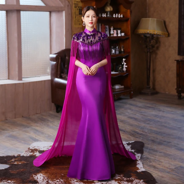 Chinese style Purple Sequins Tassel Cheongsam 2023 Trumpet / Mermaid Satin High Neck Short Sleeve Floor-Length / Long Evening Party Cheongsam / Qipao