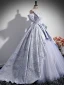 Elegant Grey Satin Prom Dresses 2024 Ball Gown Off-The-Shoulder Short Sleeve Backless Sweep Train Prom Formal Dresses