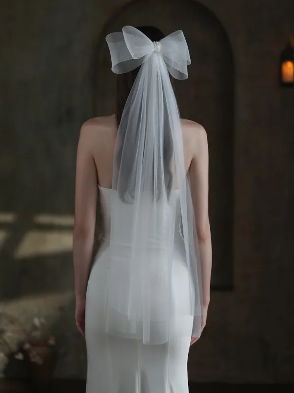 Modest / Simple White Bow 1 m Wedding Veils 2025 Tulle