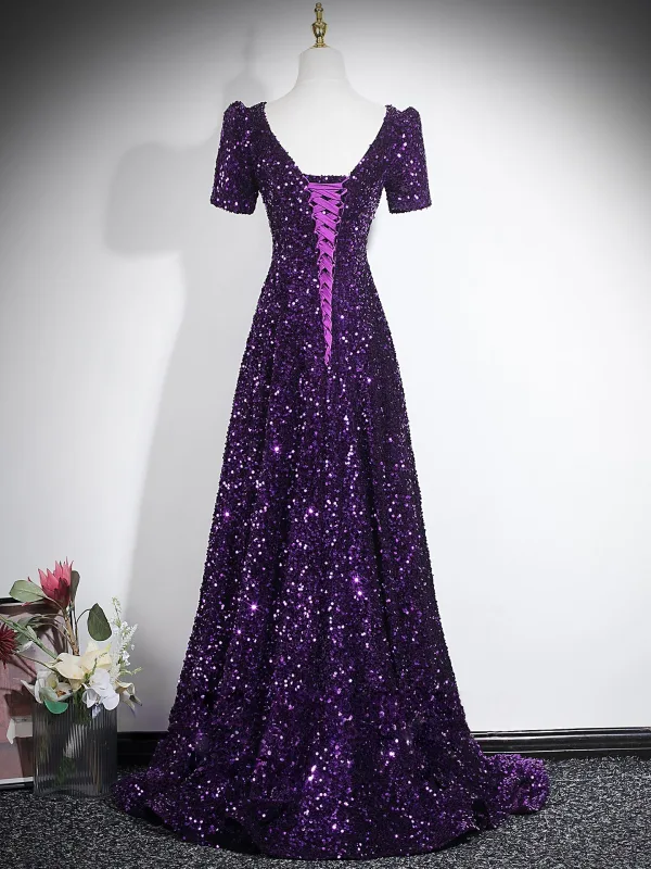Sparkly Purple Sequins Evening Dresses 2026 A-Line / Princess V-Neck Short Sleeve Backless Floor-Length / Long