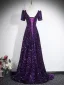 Sparkly Purple Sequins Evening Dresses 2026 A-Line / Princess V-Neck Short Sleeve Backless Floor-Length / Long