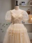 Chic / Belle Champagne Volants en Cascade Robe De Bal 2023 Princesse Perle V-Cou Manches Courtes Dos Nu Longue Promo Robe De Ceremonie