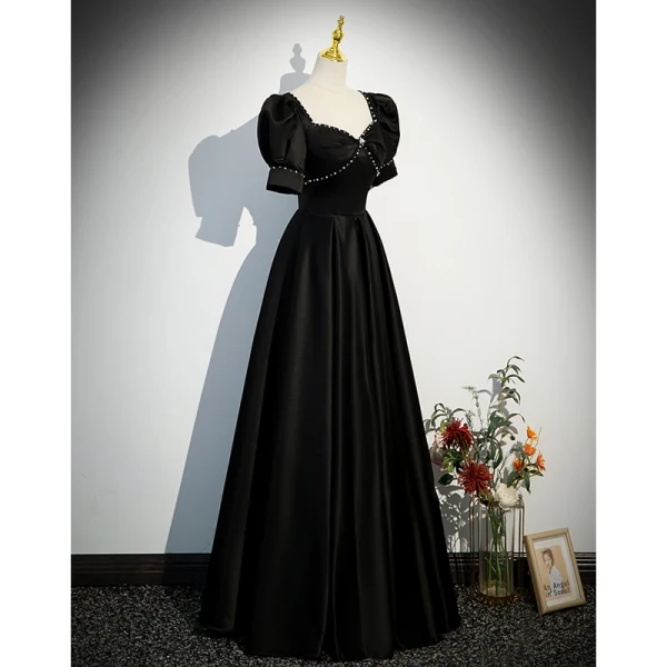 Élégant Noire Satin Perle Robe De Soirée 2023 Princesse Encolure Carrée Manches Courtes Dos Nu Longue Promo Robe De Ceremonie
