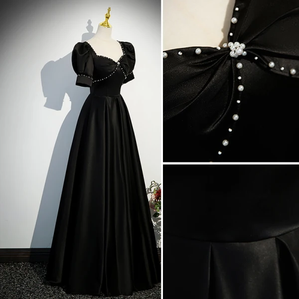 Élégant Noire Satin Perle Robe De Soirée 2023 Princesse Encolure Carrée Manches Courtes Dos Nu Longue Promo Robe De Ceremonie
