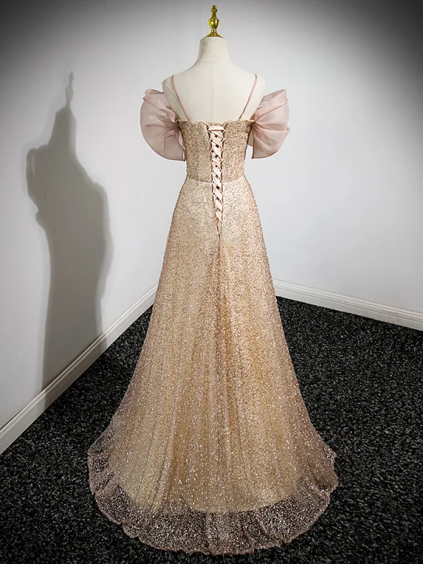 Scintillantes Doré Faux Diamant Paillettes Robe De Soirée 2023 Princesse Bretelles Spaghetti Noeud Manches Courtes Dos Nu Longue Soirée Robe De Ceremonie