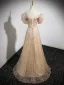 Scintillantes Doré Faux Diamant Paillettes Robe De Soirée 2023 Princesse Bretelles Spaghetti Noeud Manches Courtes Dos Nu Longue Soirée Robe De Ceremonie