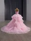 High-end Sukkertøyrosa Håndlaget Beading Gripende Ruffles Ballkjoler 2025 Ballkjole Kjæreste Langermede Ryggløse Cathedral Train Formelle Kjoler