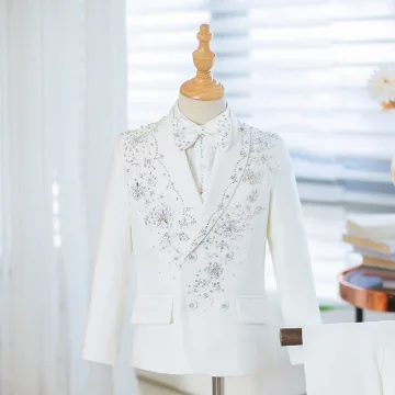 Fashion White Sequins 5 Piece Boys Wedding Suits Boys Wedding Suits 2025 Long Sleeve Coat Pants Shirt Tie Vest Wedding