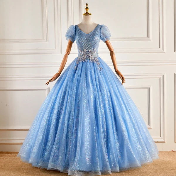 Elegant Pool Blue Lace Flower Sequins Prom Dresses 2022 Ball Gown V-Neck Short Sleeve Backless Floor-Length / Long Prom Formal Dresses