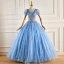 Elegant Pool Blue Lace Flower Sequins Prom Dresses 2022 Ball Gown V-Neck Short Sleeve Backless Floor-Length / Long Prom Formal Dresses
