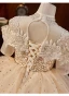 Scintillantes Champagne Perlage Faux Diamant En Dentelle Fleur Volants en Cascade Robe Ceremonie Fille 2024 Robe Boule Anniversaire Encolure Dégagée Manches Courtes Dos Nu Longue