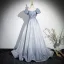 Chic / Beautiful Multi-Colors Grey Glitter Prom Dresses 2024 A-Line / Princess Square Neckline Short Sleeve Backless Floor-Length / Long Prom Formal Dresses