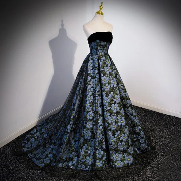 Flower Fairy Charming Printing Black Prom Dresses 2023 A-Line / Princess Strapless Sleeveless Backless Sweep Train Formal Dresses