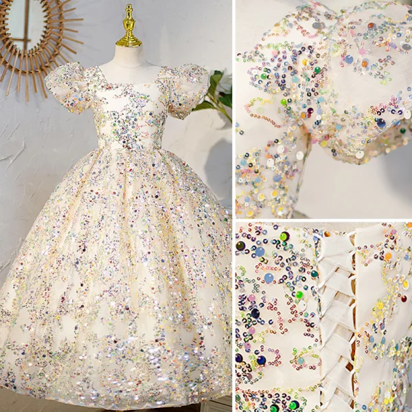 Sparkly Champagne Multi-Colors Sequins Birthday Flower Girl Dresses 2022 Ball Gown Square Neckline Puffy Short Sleeve Backless Floor-Length / Long Flower Girl Dresses