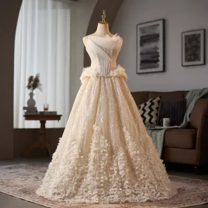 Haut De Gamme Charmant Champagne Glitter Paillettes Appliques Robe De Bal 2025 Robe Boule Bustier Sans Manches Dos Nu Longue Robe De Ceremonie