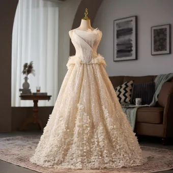 Haut De Gamme Charmant Champagne Glitter Paillettes Appliques Robe De Bal 2025 Robe Boule Bustier Sans Manches Dos Nu Longue Robe De Ceremonie