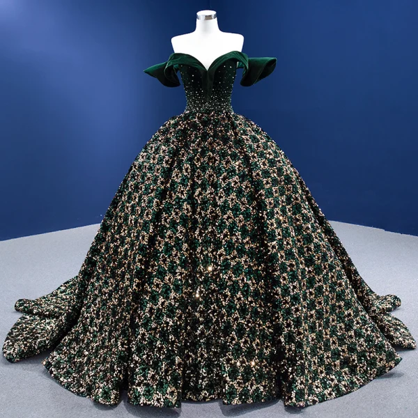 Scintillantes Vert Foncé Perlage Paillettes Daim Robe De Bal 2022 Robe Boule De l'épaule Manches Courtes Dos Nu Chapel Train Promo Robe De Ceremonie