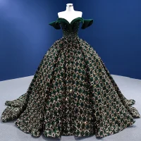 Glitzernden Dunkelgrün Perlenstickerei Pailletten Wildleder Ballkleider 2022 Ballkleid Off Shoulder Kurze Ärmel Rückenfreies Kapelle-Schleppe Ball Festliche Kleider