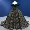 Sparkly Dark Green Beading Sequins Suede Prom Dresses 2022 Ball Gown Off-The-Shoulder Short Sleeve Backless Chapel Train Prom Formal Dresses