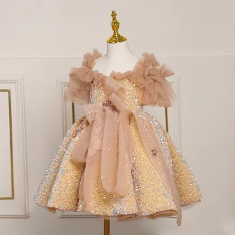 Scintillantes Champagne Perlage Paillettes Anniversaire Courte Robe Ceremonie Fille 2024 Robe Boule Encolure Carrée Manches Courtes Dos Nu