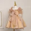Scintillantes Champagne Perlage Paillettes Anniversaire Courte Robe Ceremonie Fille 2024 Robe Boule Encolure Carrée Manches Courtes Dos Nu